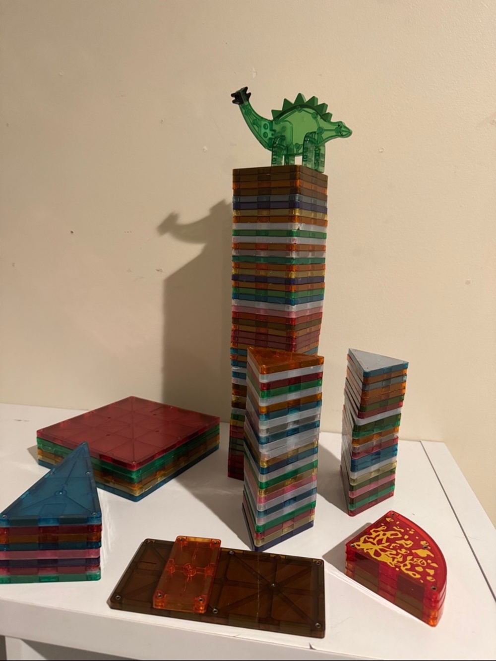 Colorful Magnetic Building Tiles Tower Set - Green Dino Topper Magnatiles